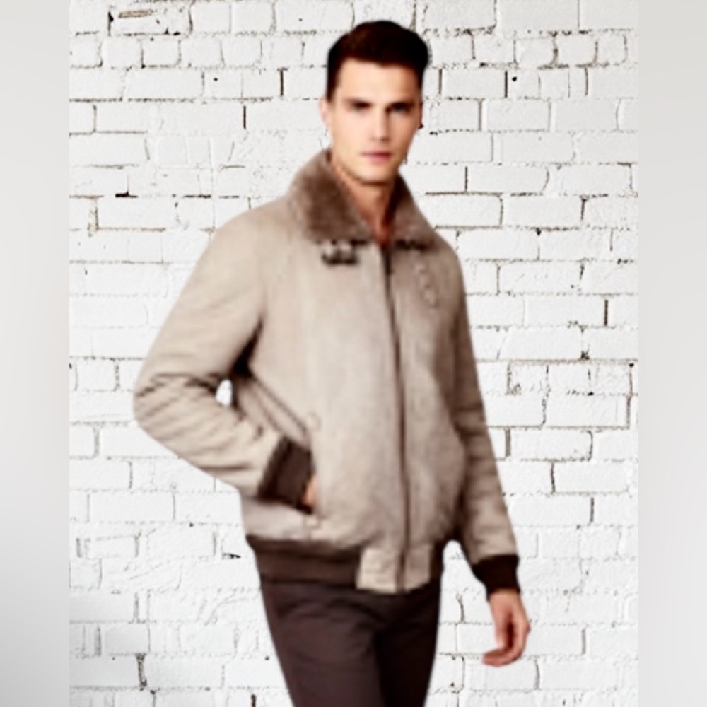 100% Gewachsenes Lammfell Suede Shearling Aviator Bomber Jacket Taupe Sz 50-US M